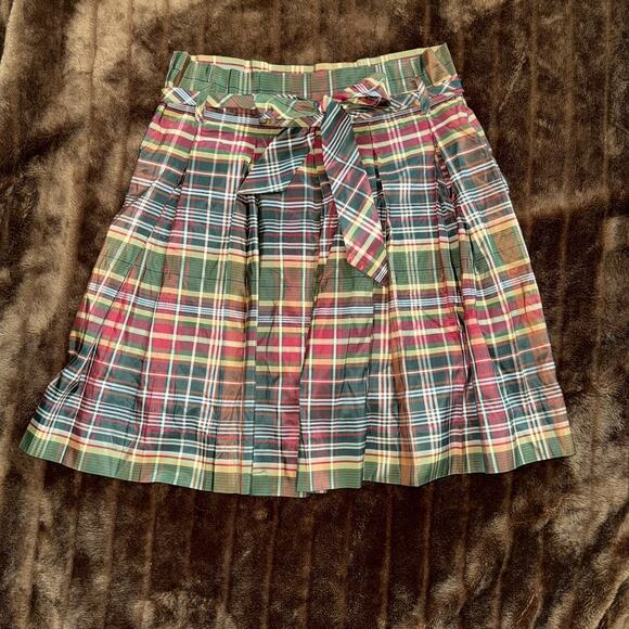 J.Crew Collection 8 Holiday Plaid SILK Taffeta Fully Pleated Skirt w/ Self Tie - Picture 1 of 7
